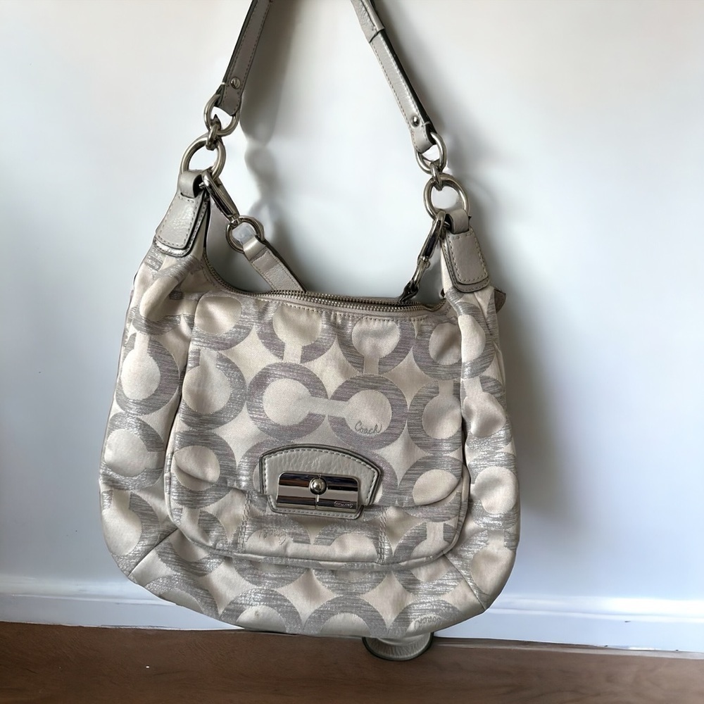 Coach Kristin Sequin Op Art Hobo Shoulder Canvas Bag Silver Grey
